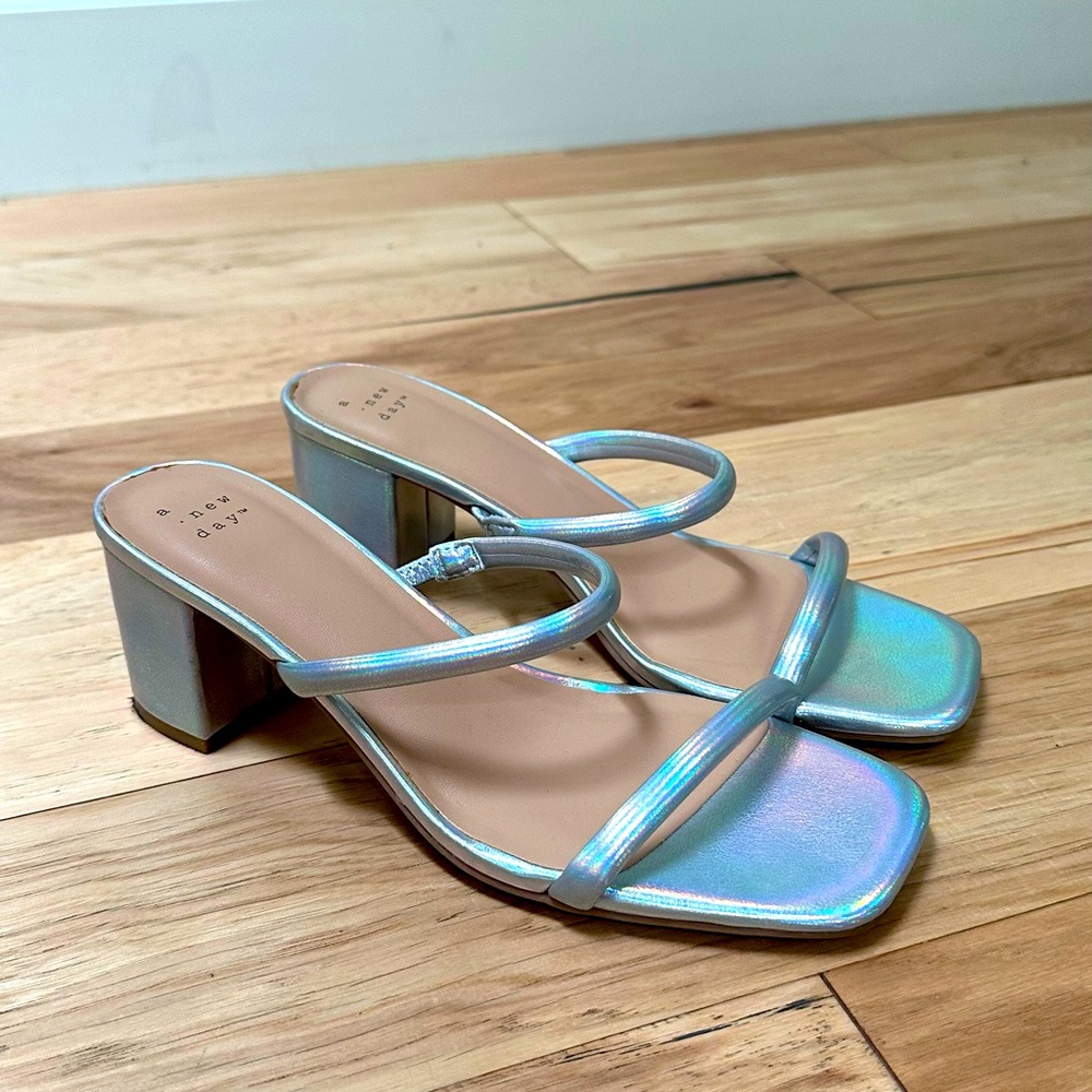 Iridescent Strappy Block Heel Sandals